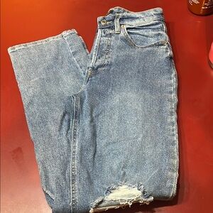 Blue Straight Leg Jeans with Distressed Details